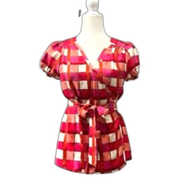 Banana Republic Pink Orange Ivory Check Print Silk SS Wrap Blouse Size S Petite - Picture 3 of 15